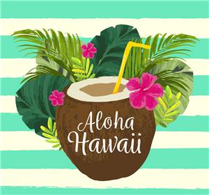 矢量食品果蔬-水彩绘夏威夷椰汁和棕榈树叶