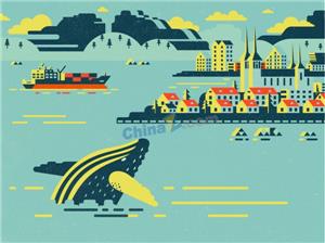 矢量风景建筑-扁平化海豚和城镇矢量插画