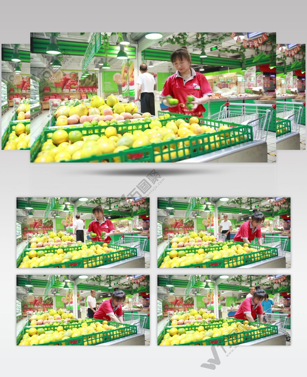 超市商场购物 家庭主妇市民生蔬菜活市场买东西 实拍高清视频素材SP049超市售卖员摆水果001