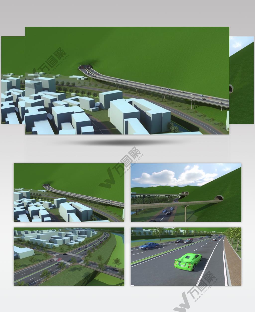 三维建筑漫游动画3d动画隧道高架桥梁车流交通鸟瞰