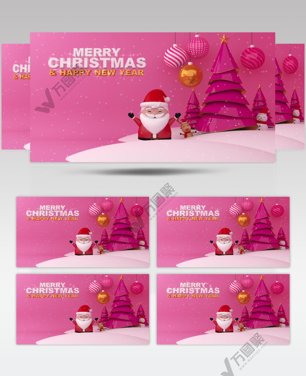 3D渲染原创圣诞节素材，放心下载！在粉红的雪地上，圣诞快乐，新年快乐！