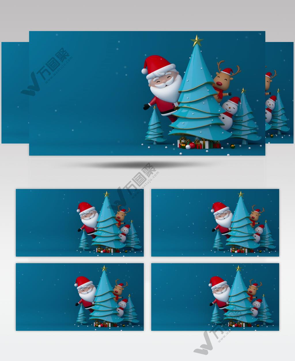 3D渲染原创圣诞节素材，放心下载！圣诞老人雪人和驯鹿在圣诞树上