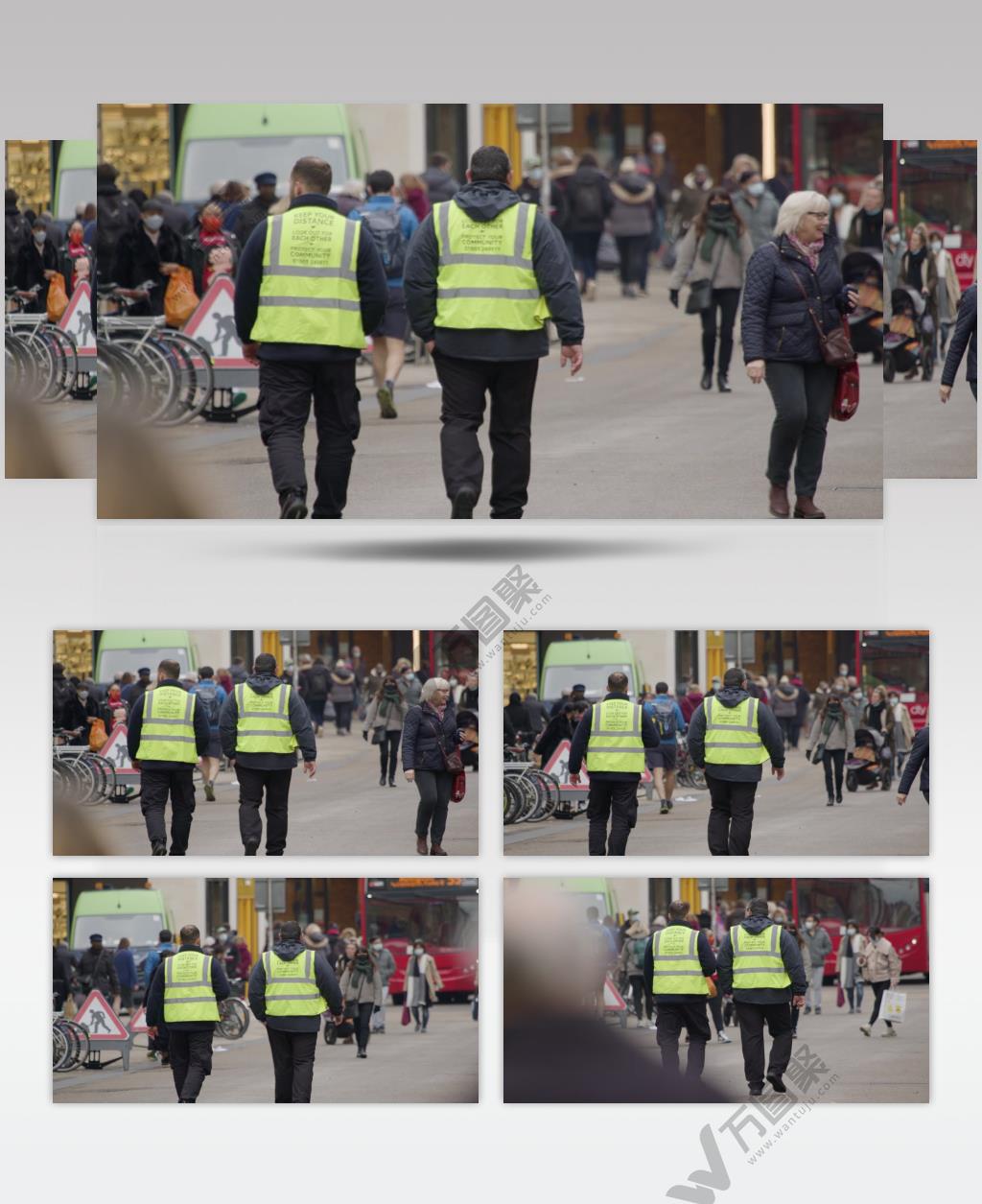 长镜头看英国牛津市一条繁忙的街道上的政府服务人员