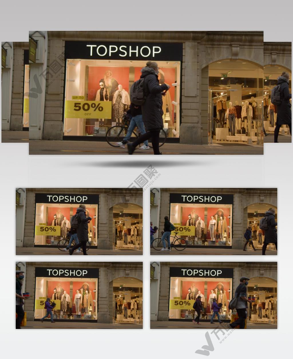 人们走过英国牛津的商店橱窗模特时的低角度镜头