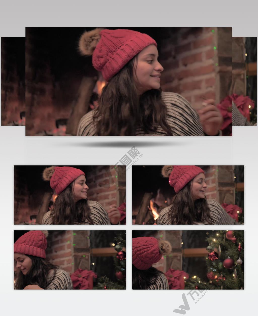 装饰壁炉旁的圣诞树的女孩