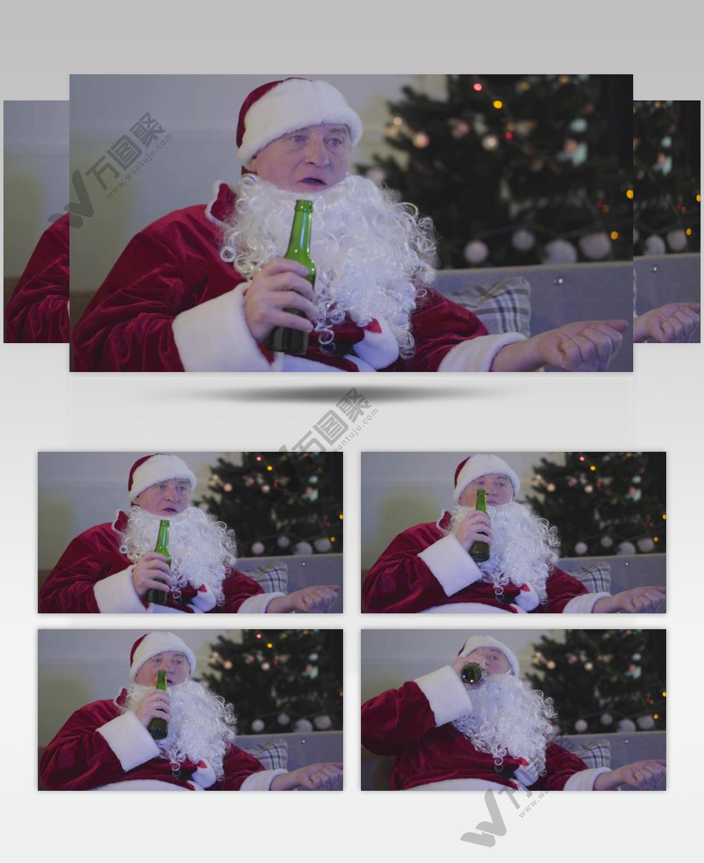 穿着圣诞老人服装的男人在沙发上喝啤酒