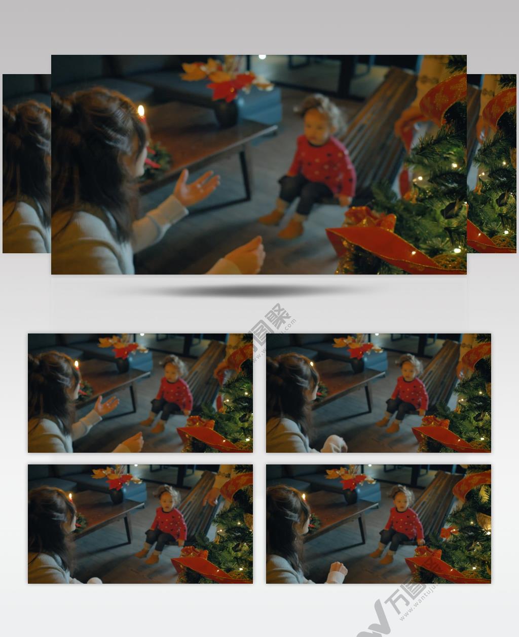 父母和他们的女儿在圣诞树前谈话