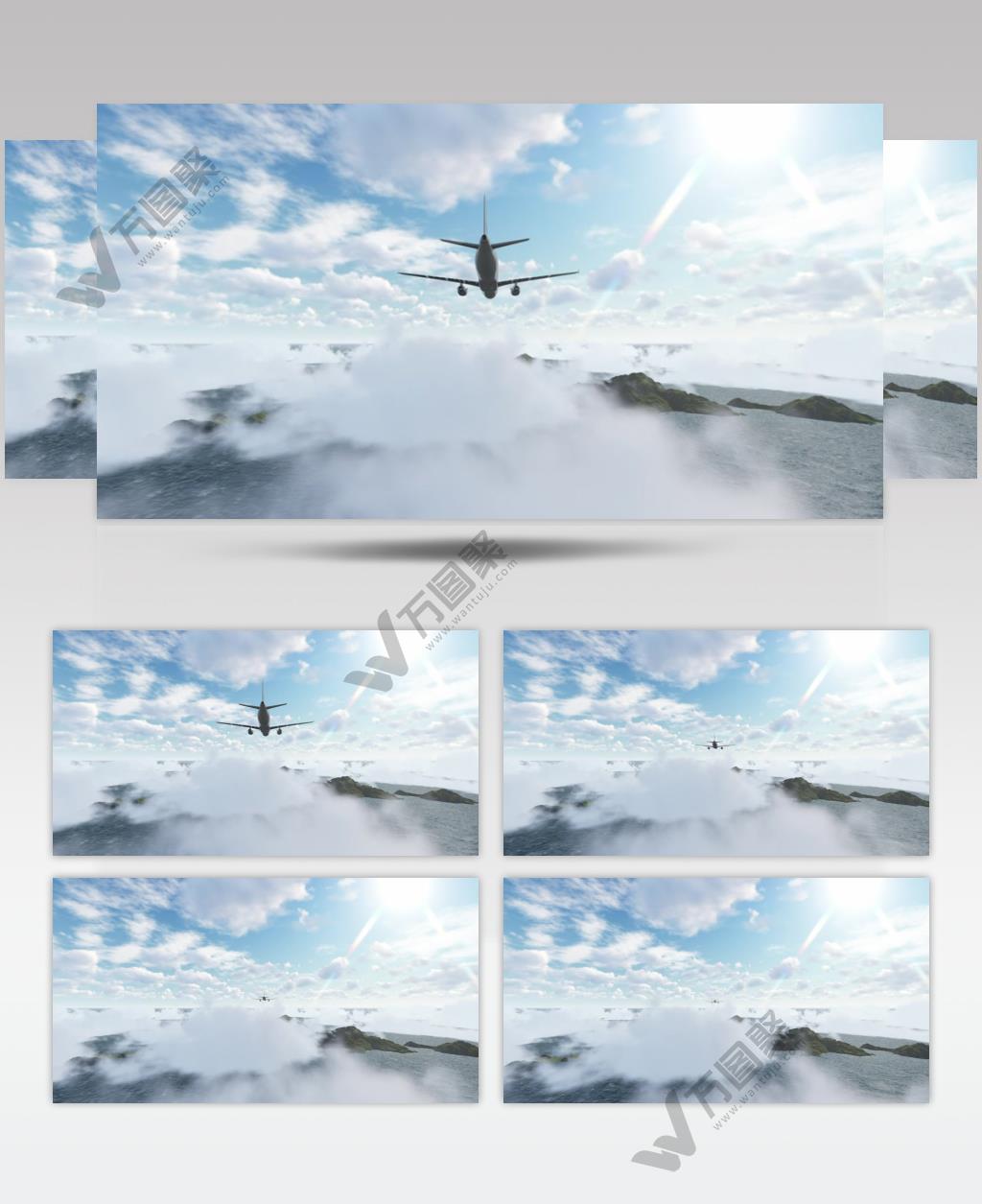 三维动画渲染蓝天云层中飞机从空中飞驰而过视频动画