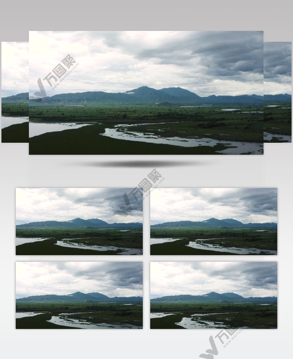 蓝天白云下山丘平原草地河流