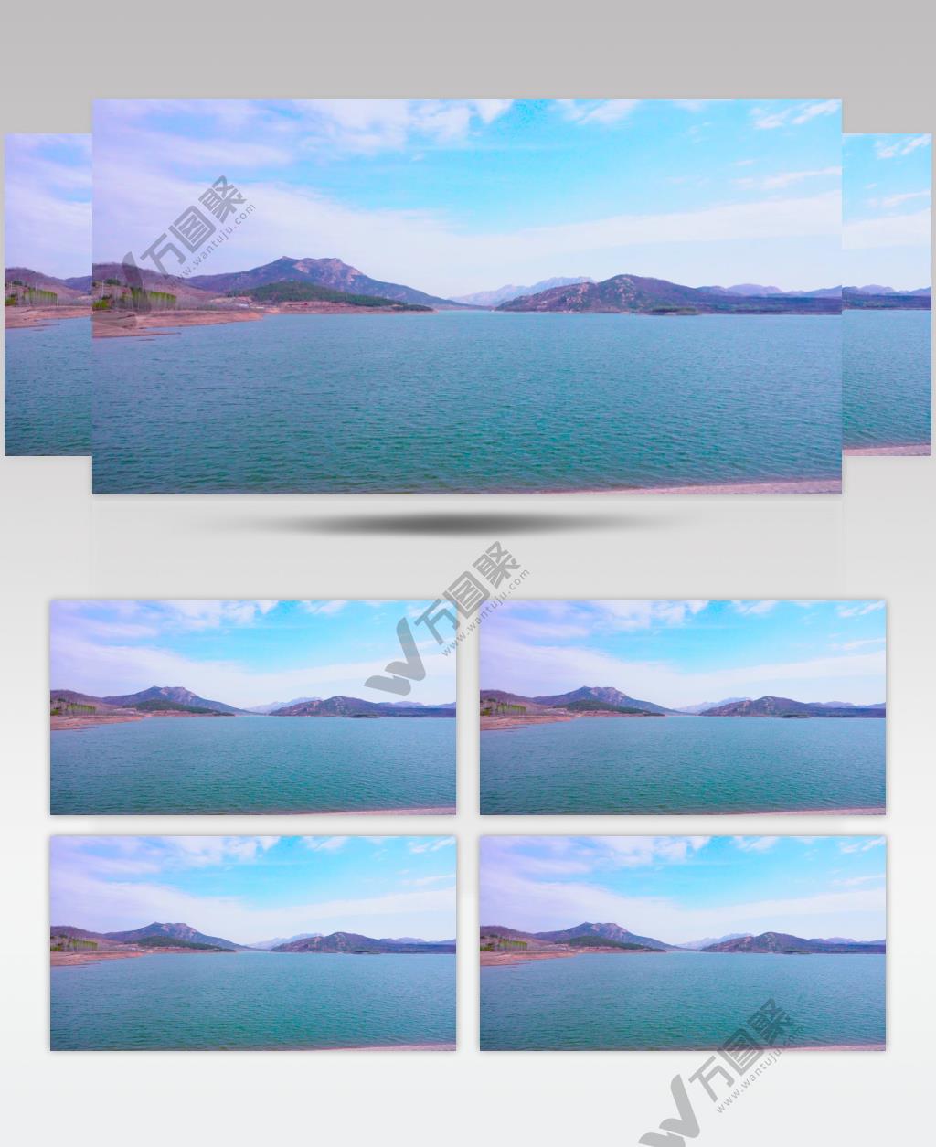 日照马陵水库全景水波波光粼粼以及远处的山