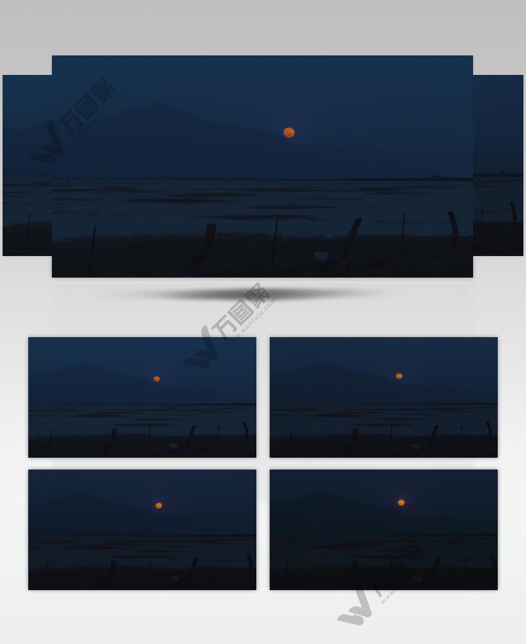 夜晚，在平坦的沙漠中，望向地平线，满月闪烁着鲜红的光芒。