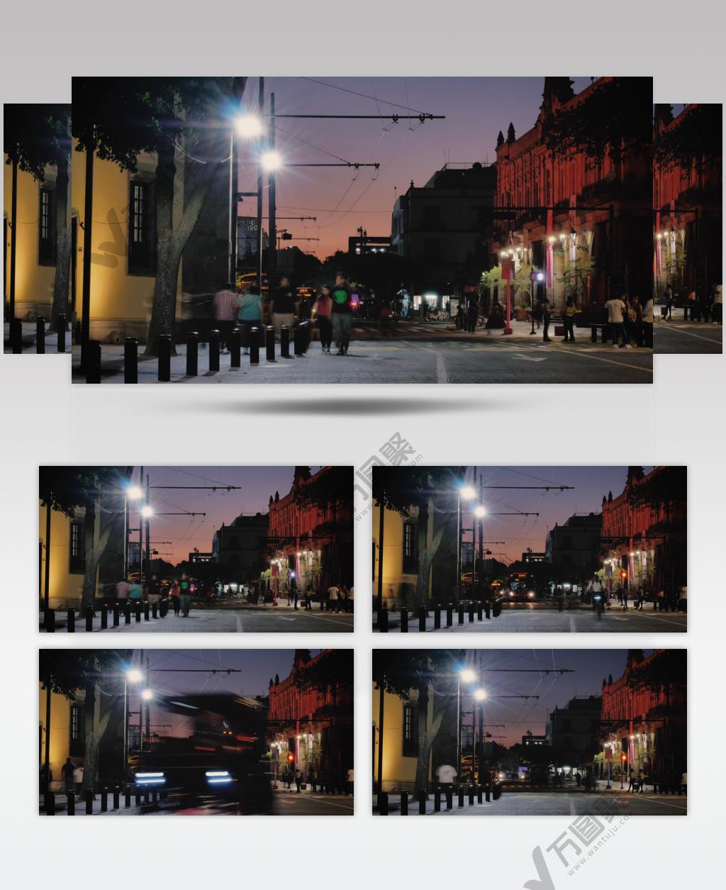 延时摄影夜晚城市道路无轨电车的城市街道