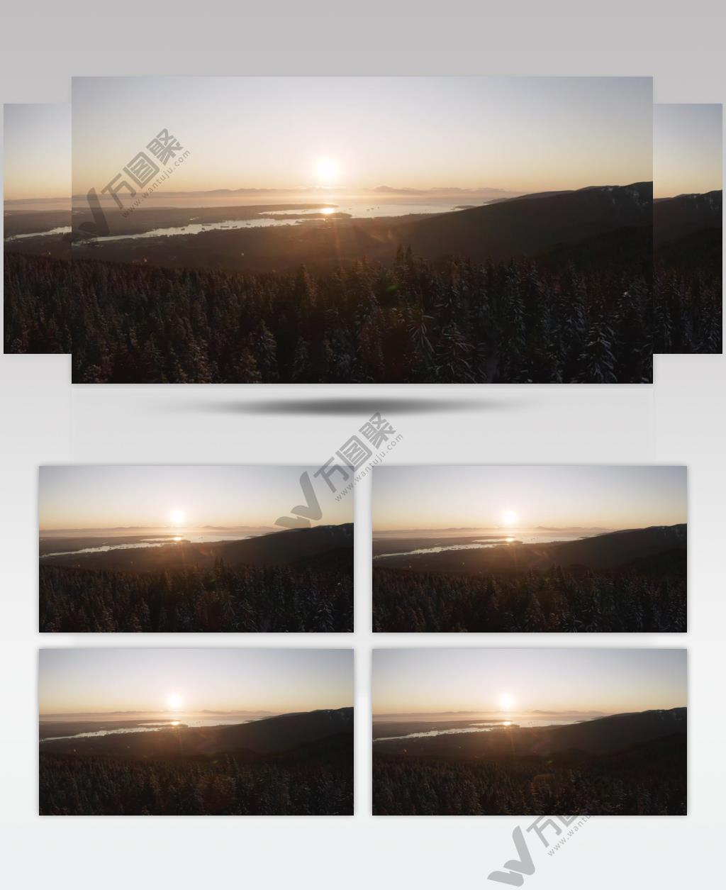 夕阳西下，俯瞰着一片松雪林的地平线
