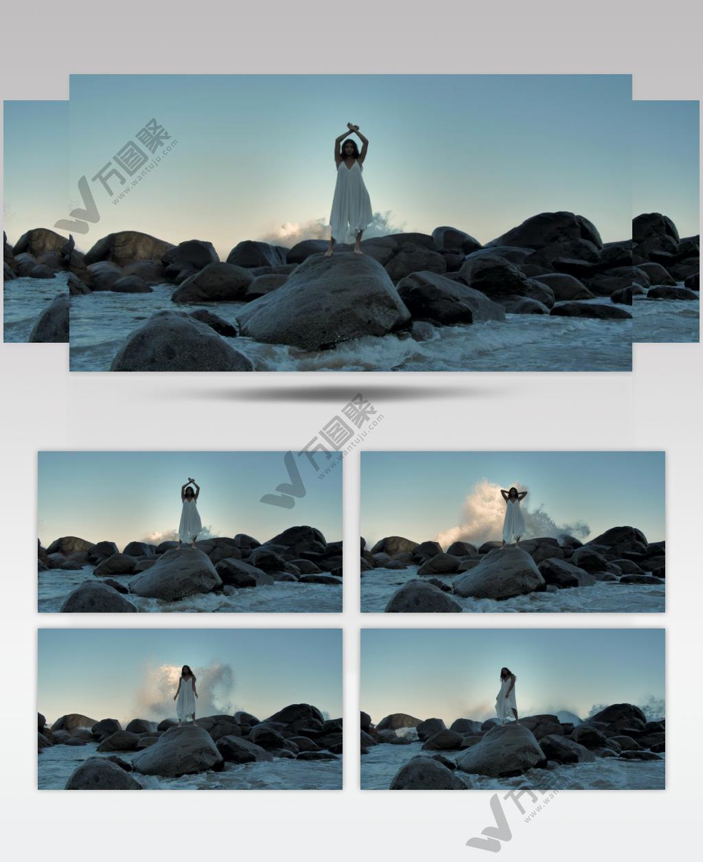 站在靠近水面的大石头上的女人