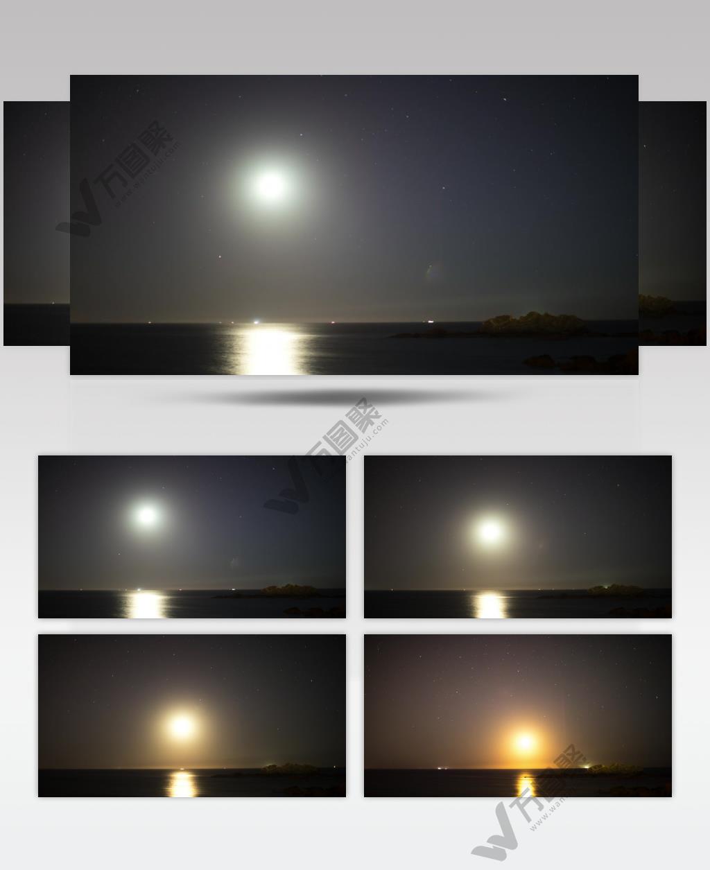 延时摄影夜空中月亮和海上的星星