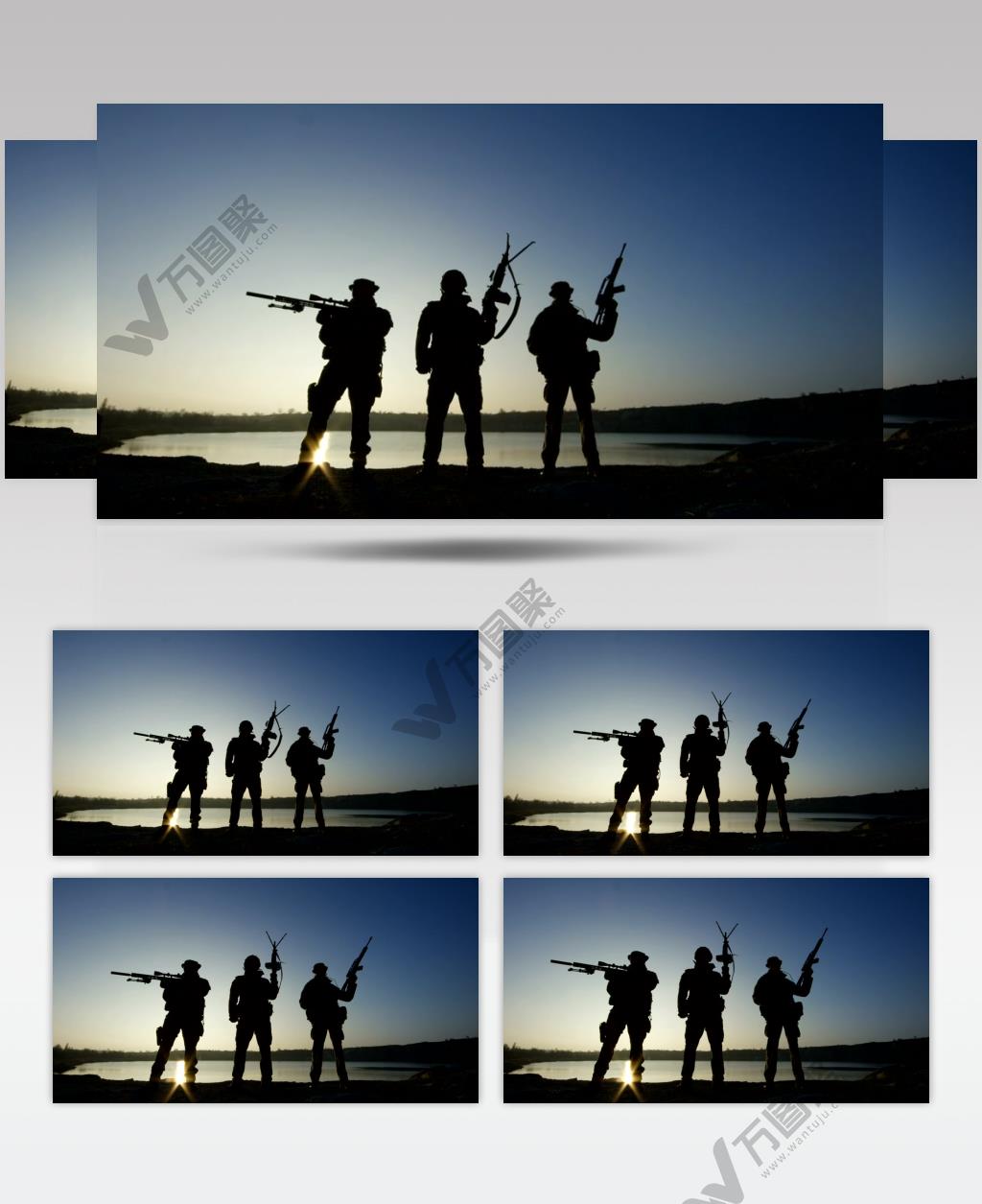 实拍清晨湖边的三个拿枪的士兵