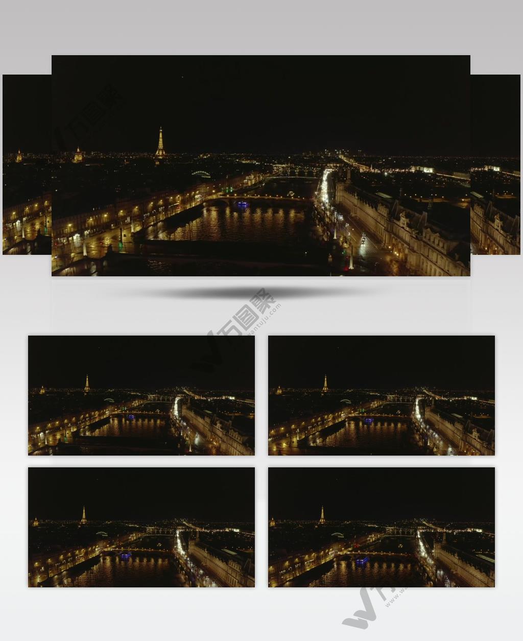 航拍夜晚的巴黎塞纳河城市夜景