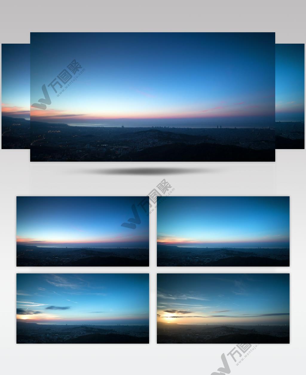 延时摄影日出的时候巴塞罗那地平线通向大海