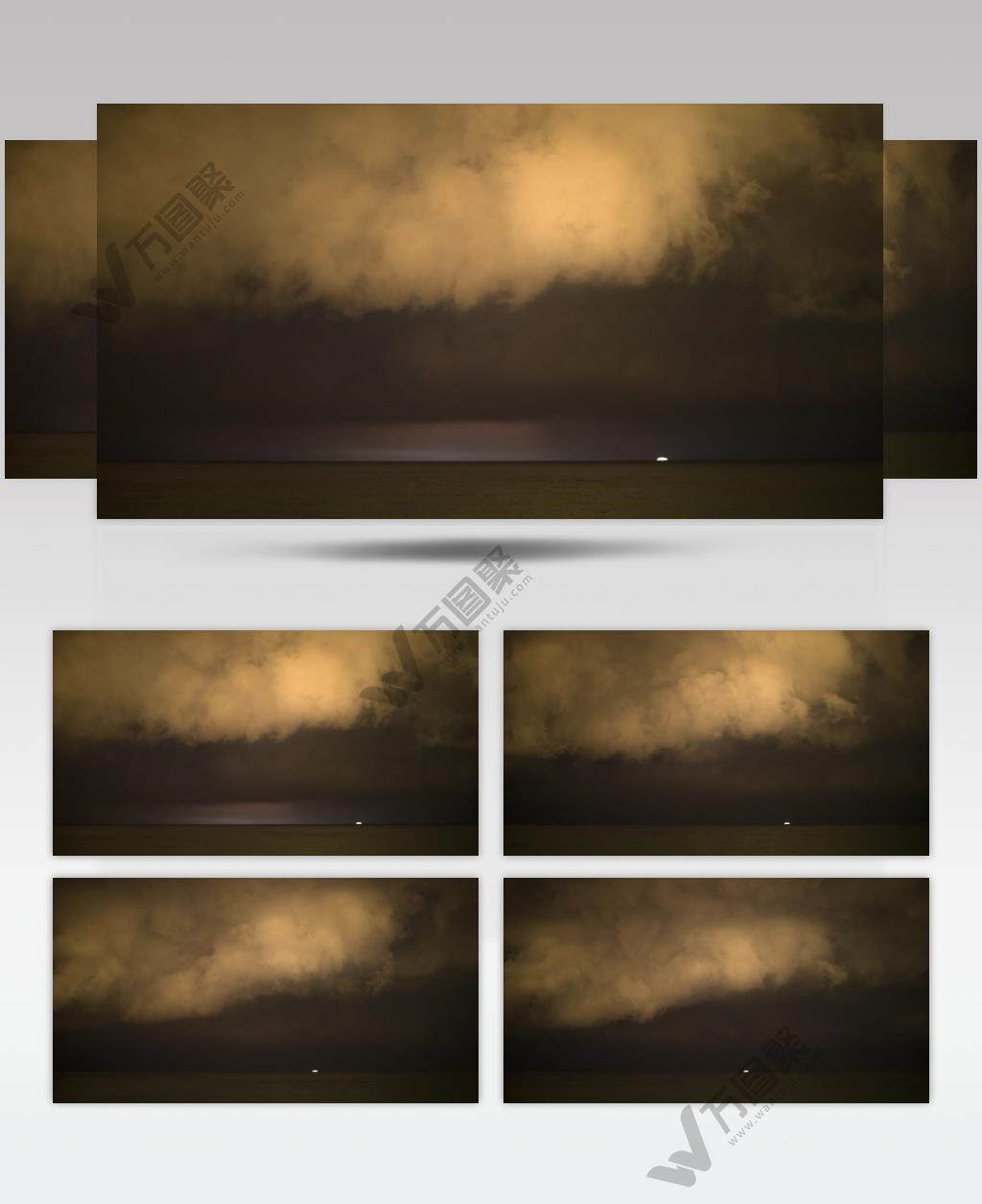 海上云雾雷暴闪电，地平线上升起月亮