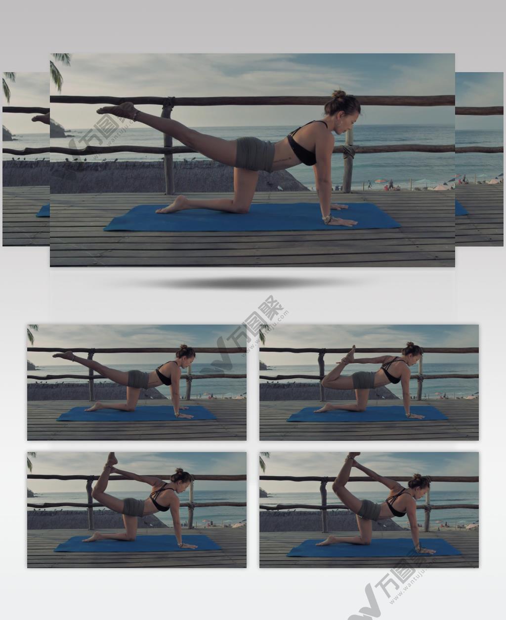 实拍在海滩的甲板上做瑜伽的女人