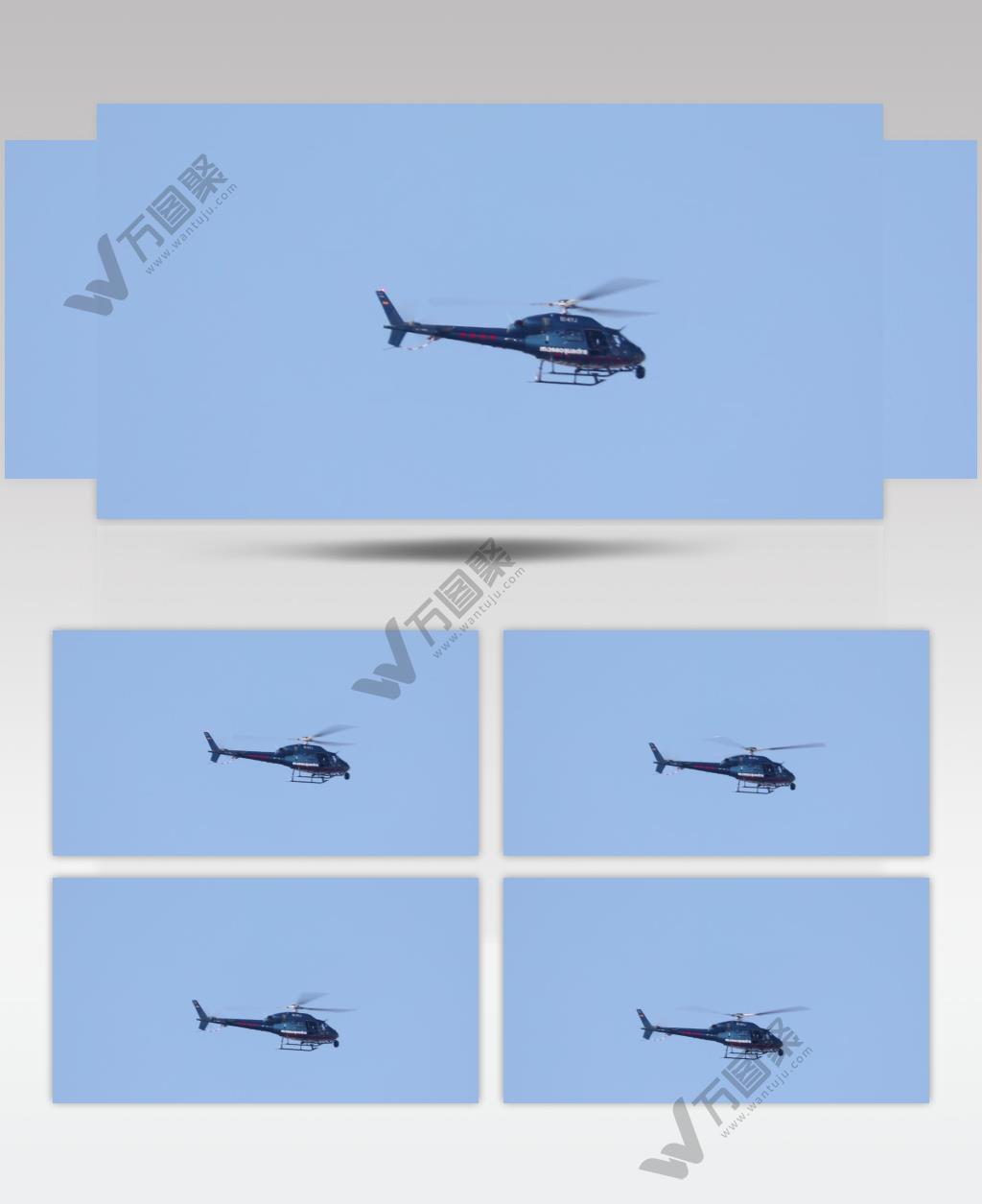 实拍在一天晴朗的天空中，一架警用直升机缓缓降落下来