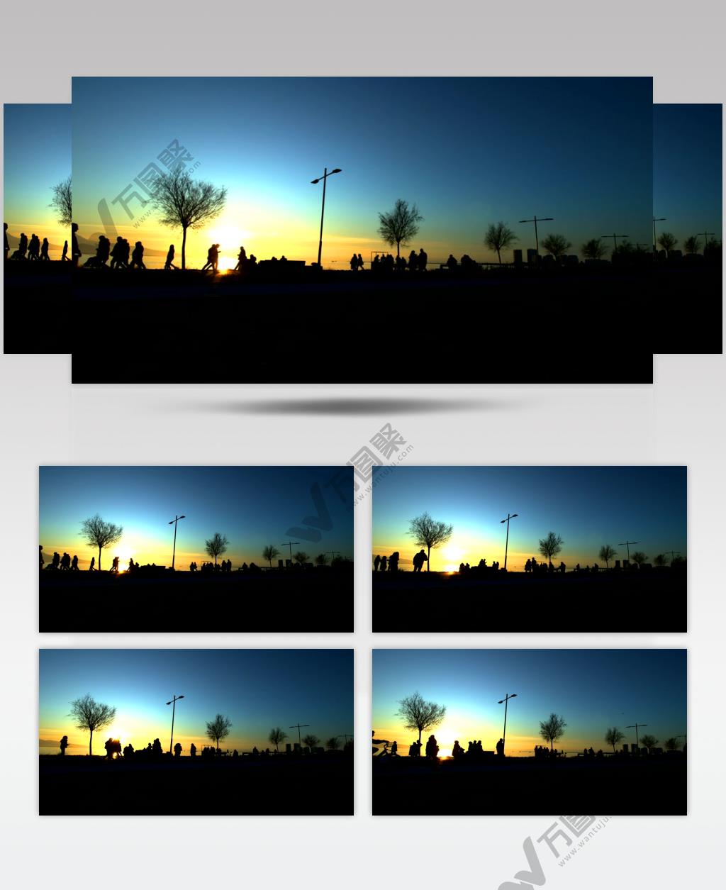 海边日落时行人的景色