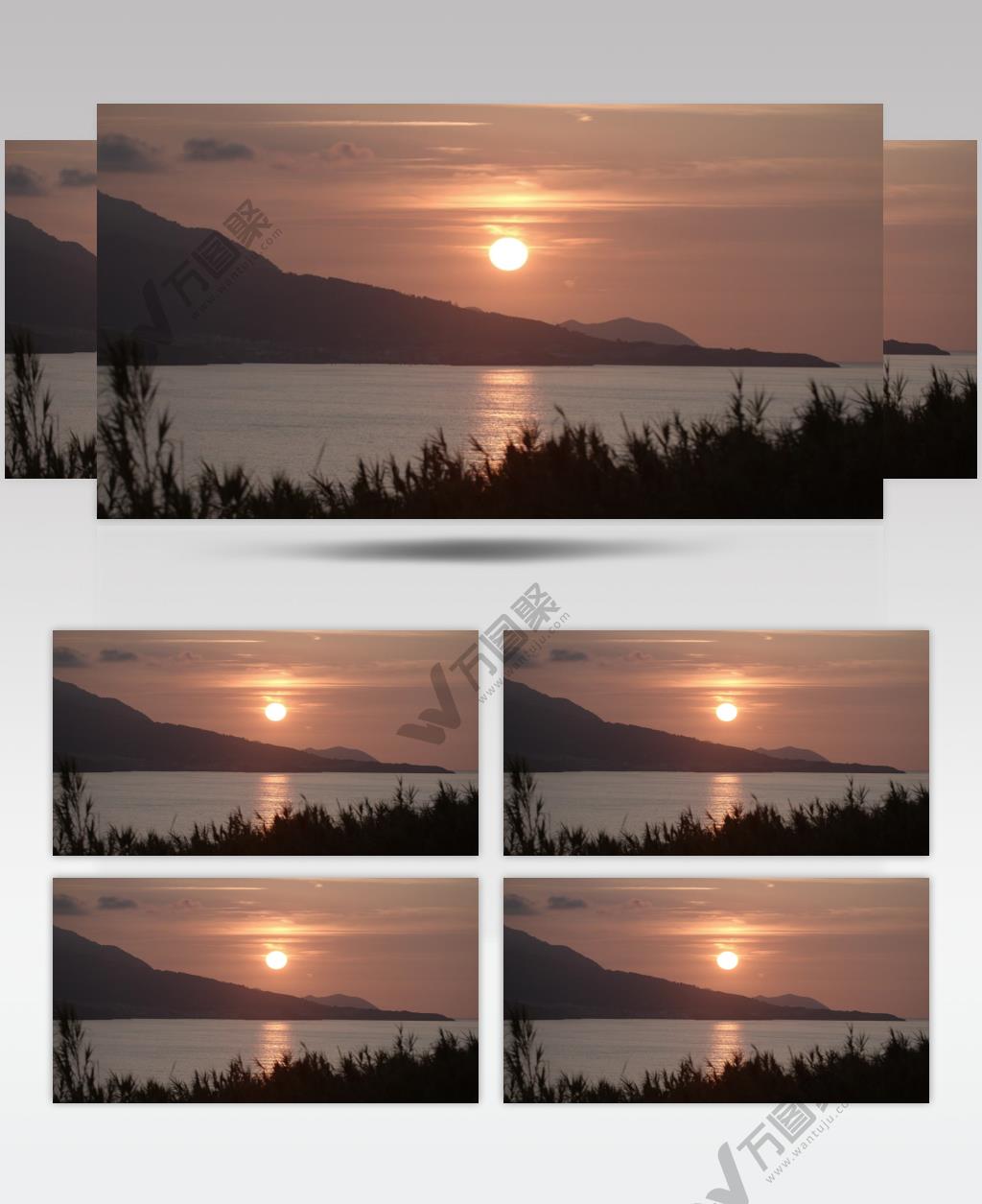 日落时湖景一座大山河湖