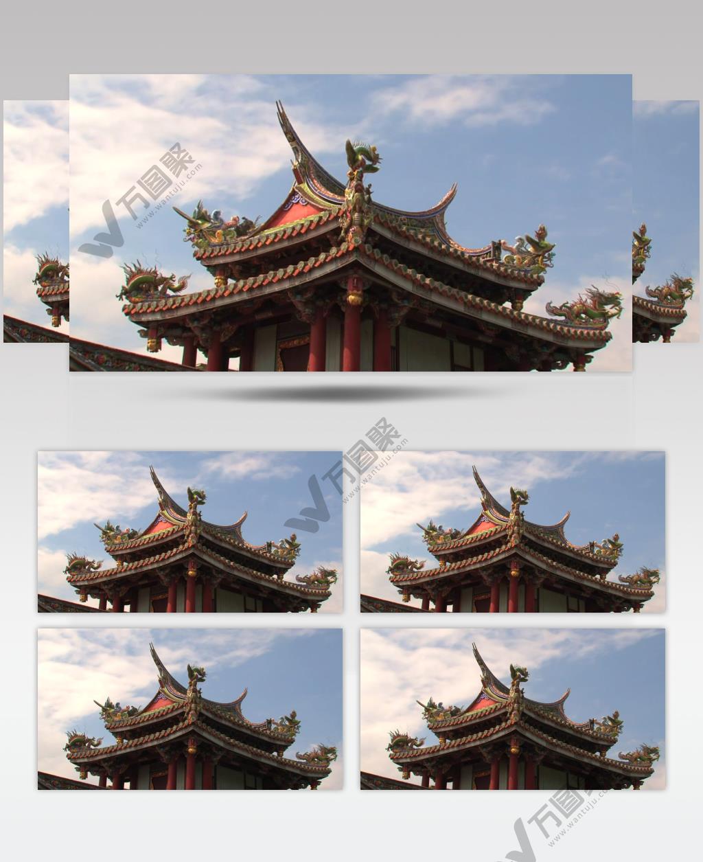 蓝天白云下中国传统寺庙屋顶古代建筑