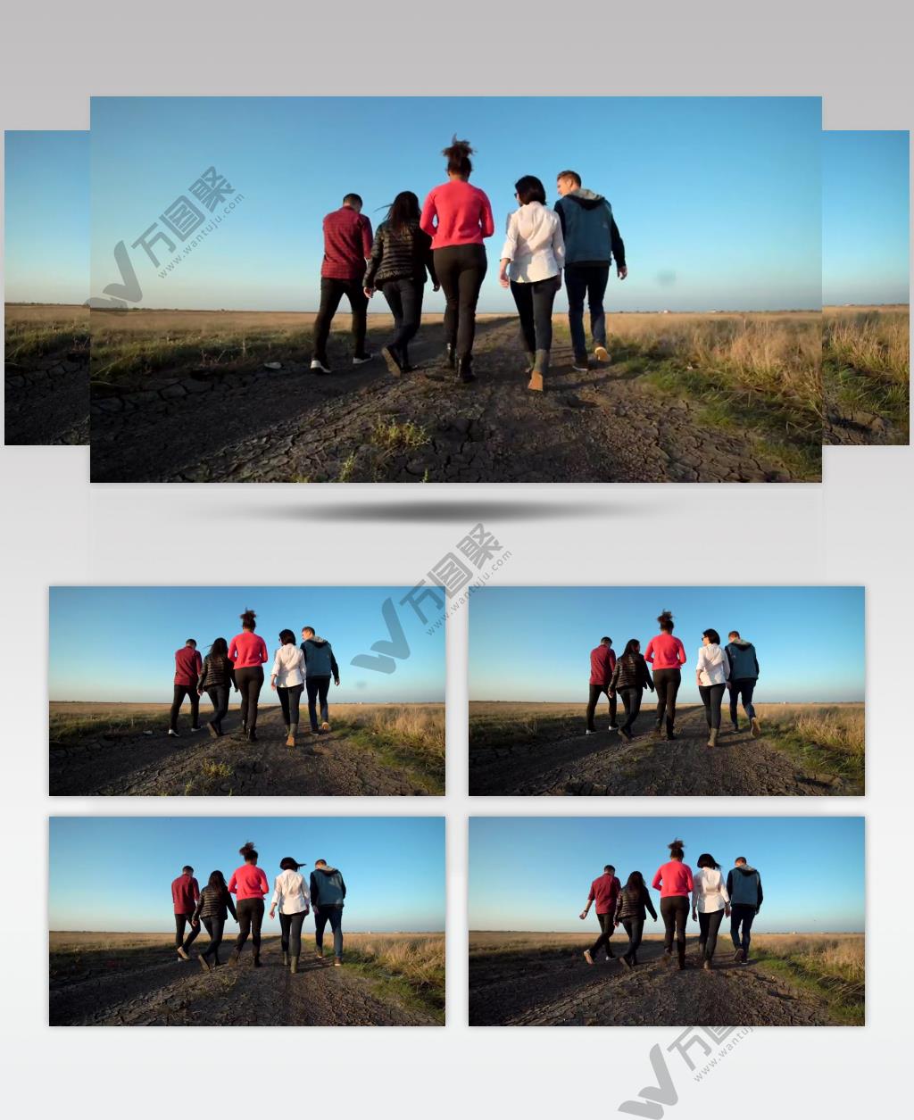 蓝天白云下朋友们在乡间道路上行走