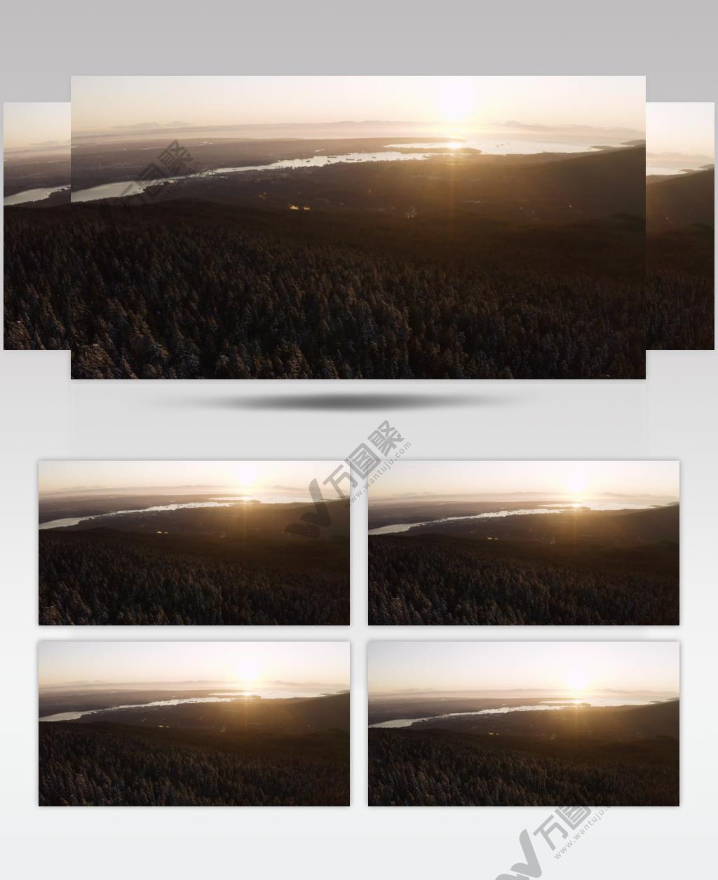 航拍夕阳下湖泊和白雪覆盖的松林