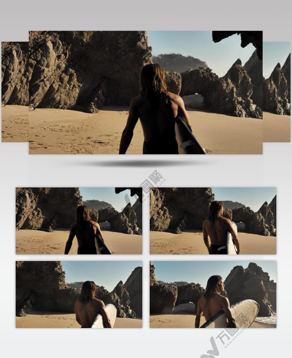 冲浪者抱着冲浪板在海边走动