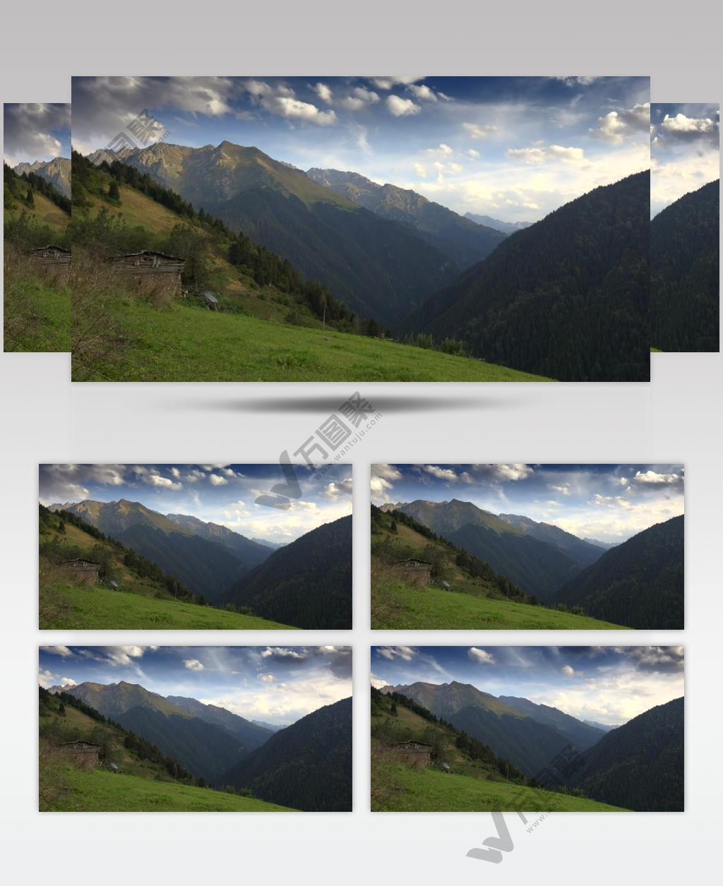 延时摄影蓝天白云下高山山脉上的老木屋