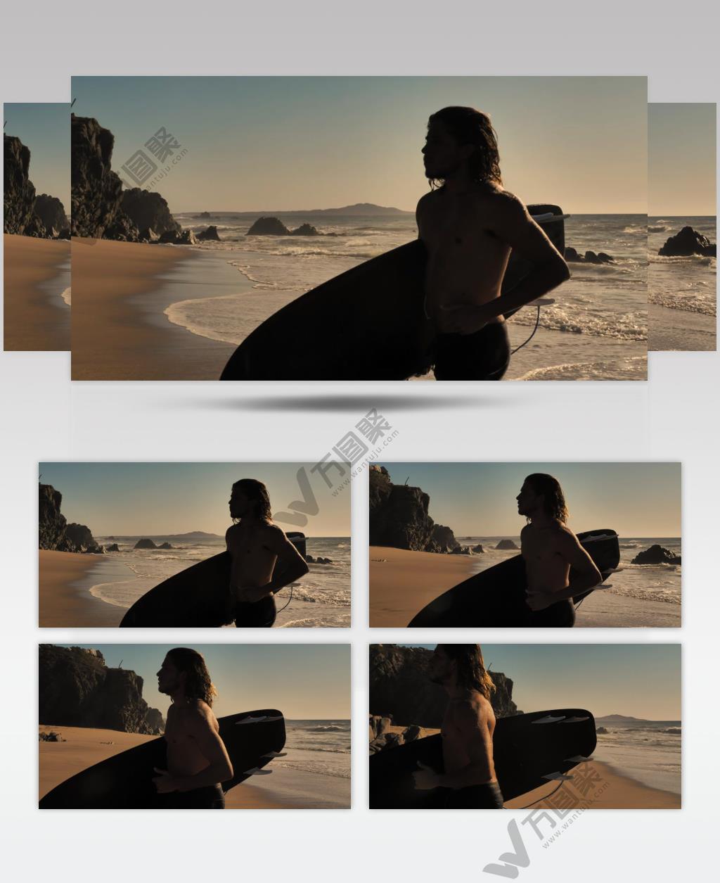 冲浪者抱着浪板在海边跑动