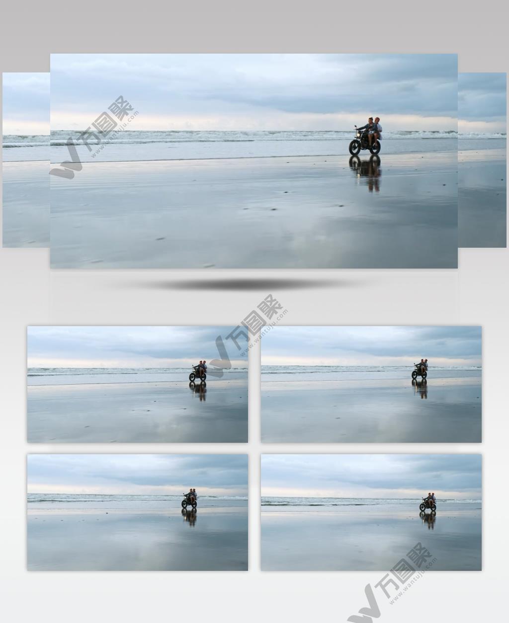 几个在海边沙滩上骑摩托车旅游的人
