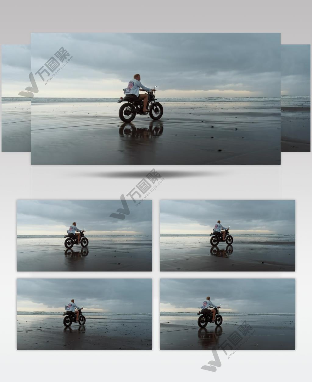 阴天在海滩上骑摩托车的人