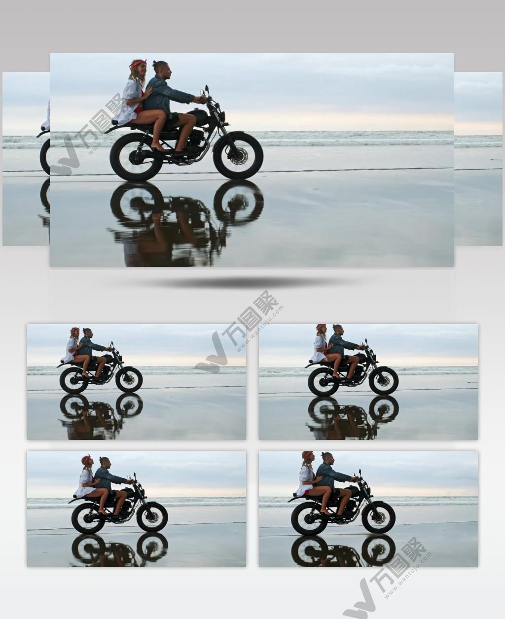 在海滩上骑摩托车的情侣