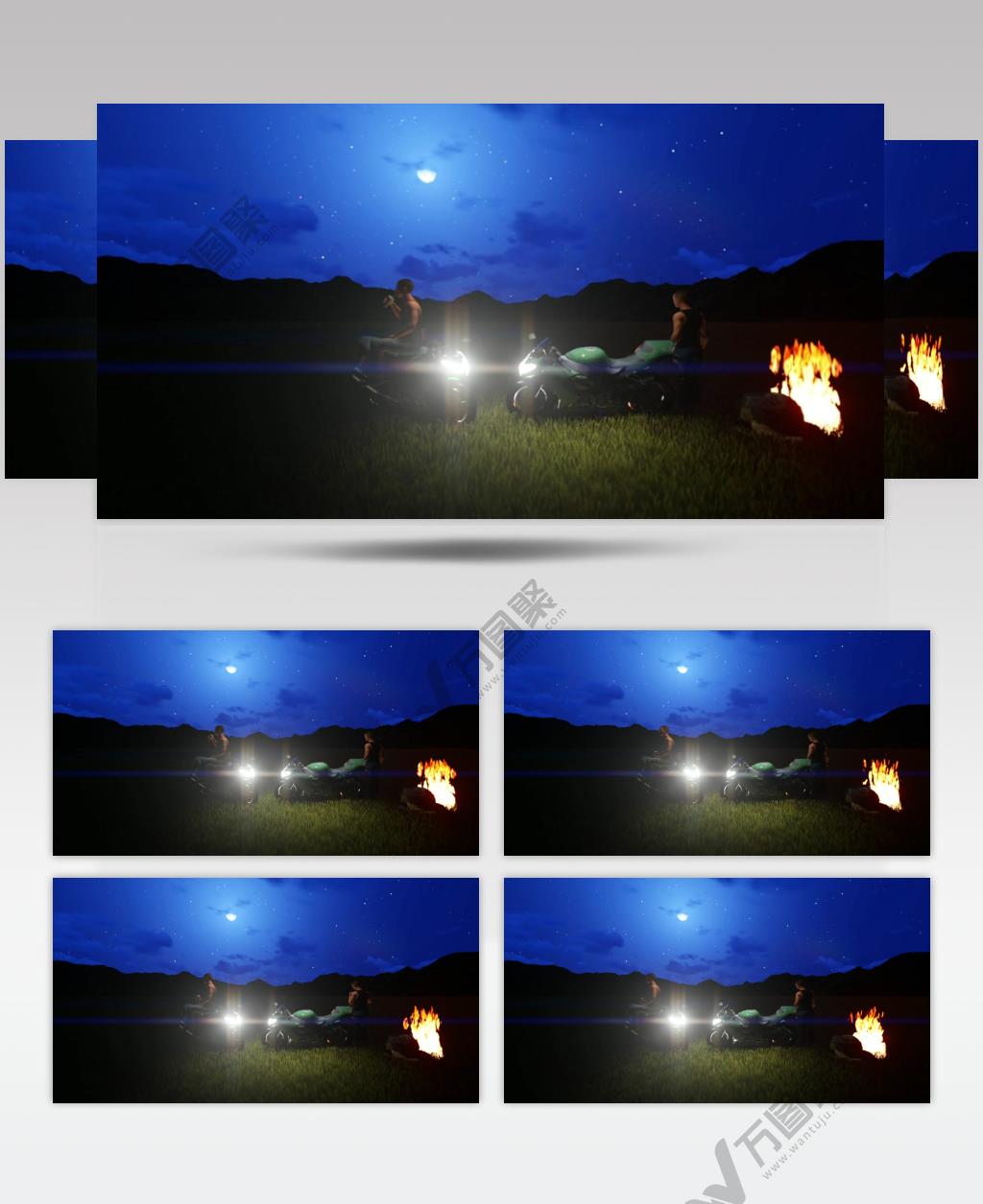 三维动画摩托车手在篝火旁休息