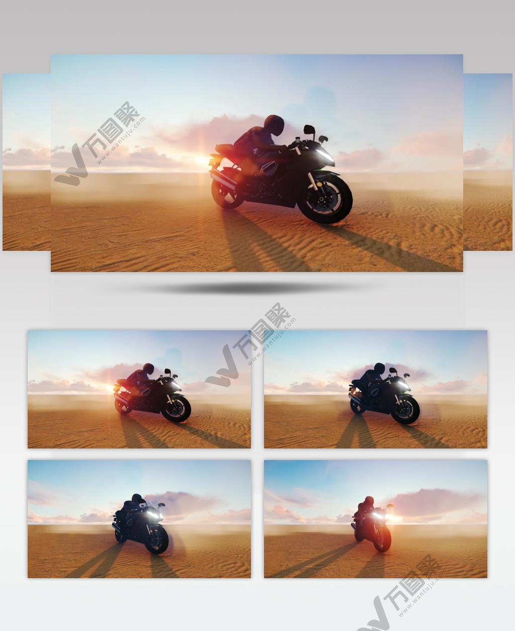 CG动画在沙漠中央骑摩托车的人