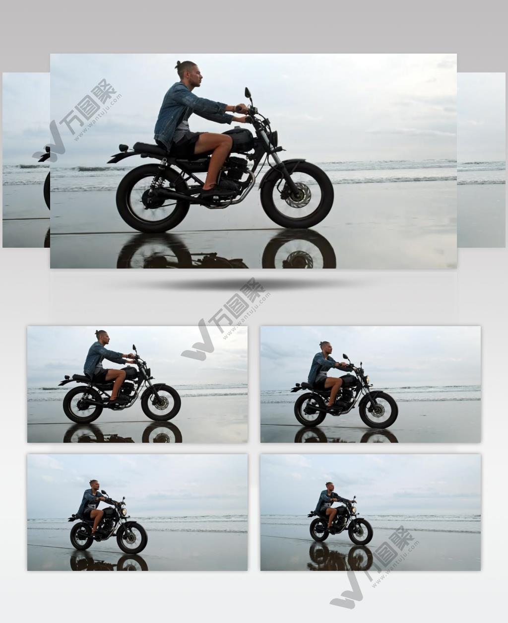 穿着牛仔夹克的男子在沙滩上骑摩托车