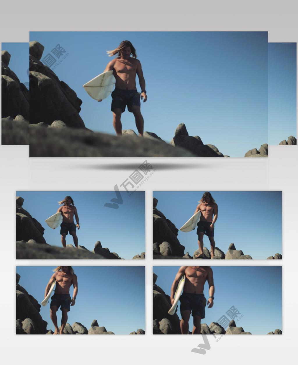 带着冲浪板在沙滩上行走的男人