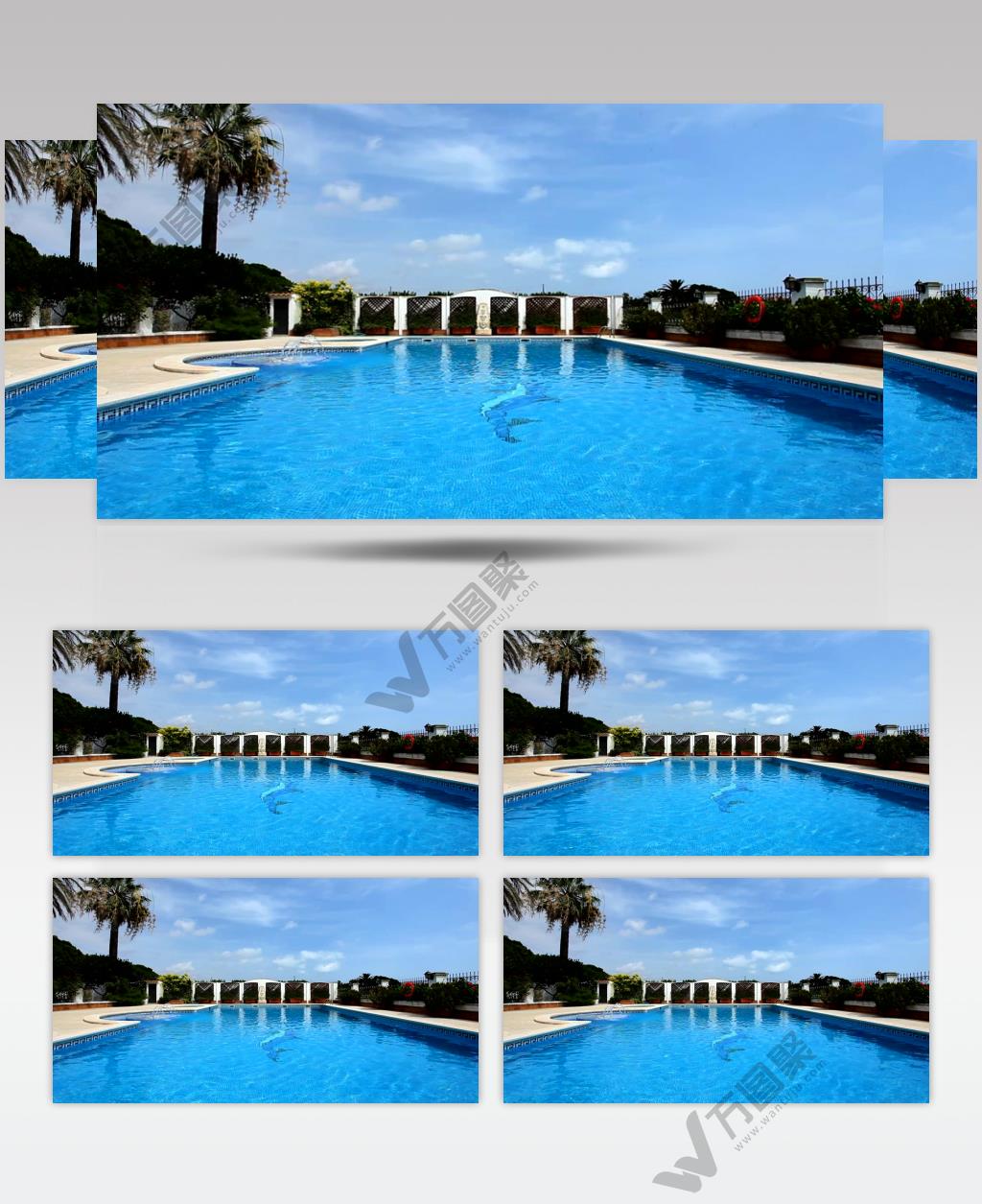 实拍阳光蓝天白云下的游泳池