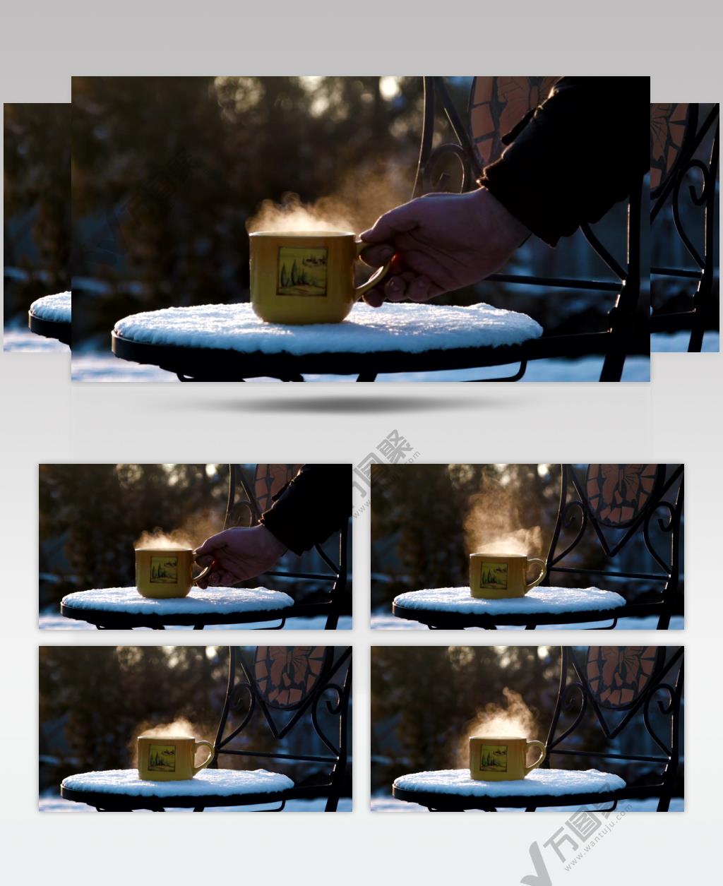 实拍放在冰雪覆盖的椅子上的热茶