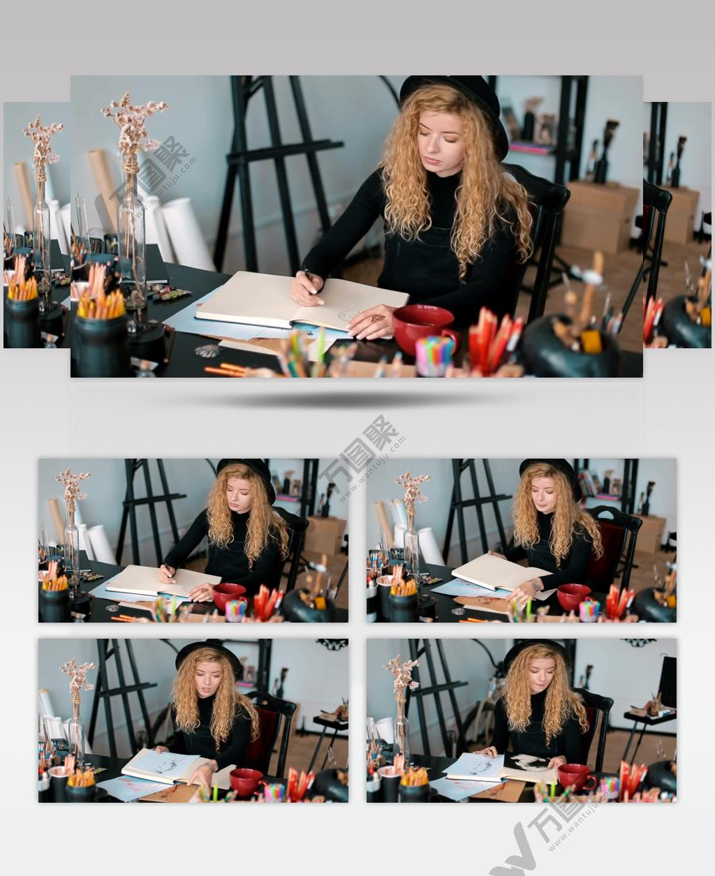 艺术家思考和素描啜饮一杯茶