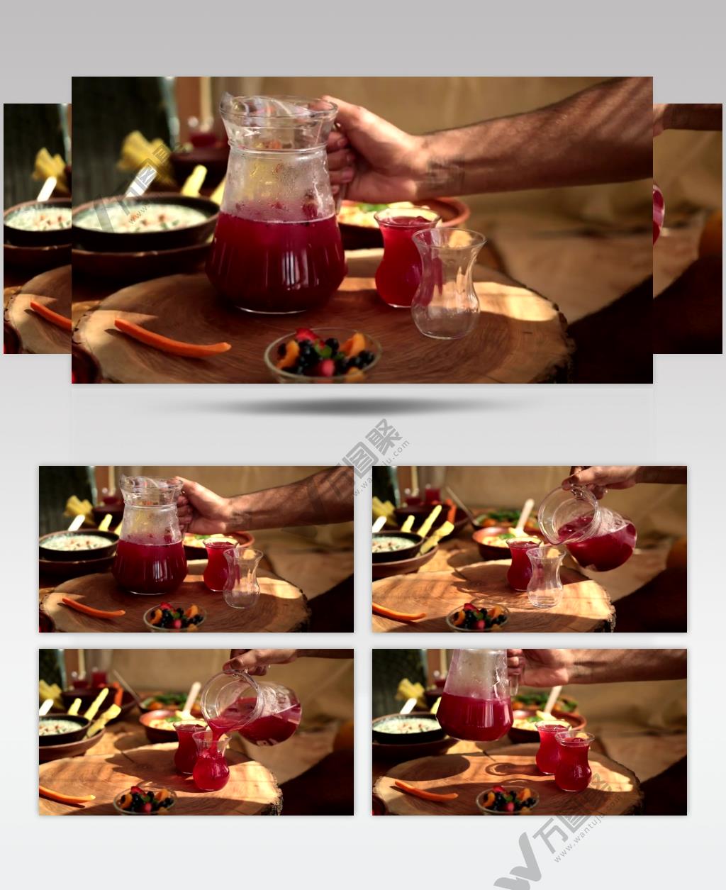 将茶壶中的饮料倒入玻璃杯中