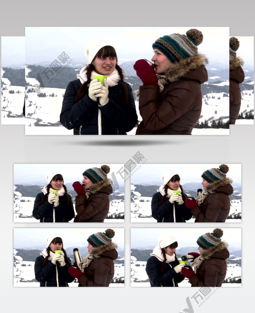 在雪山山顶喝茶的女人