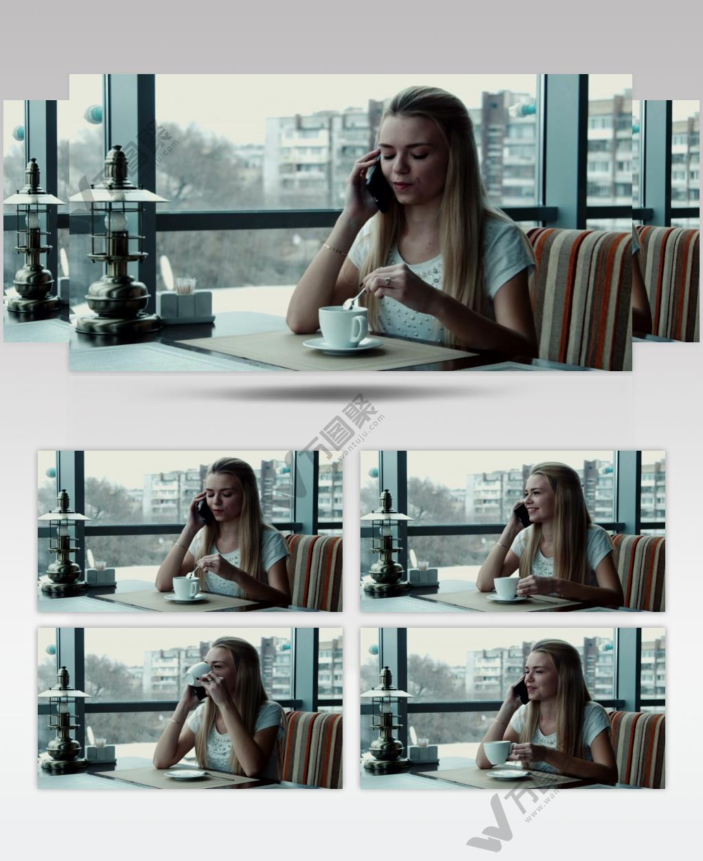 咖啡馆里一位在边喝咖啡边打电话的美女