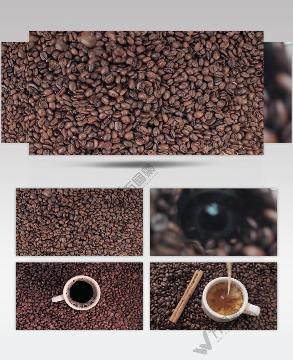 一杯咖啡在咖啡豆底部旋转的镜头