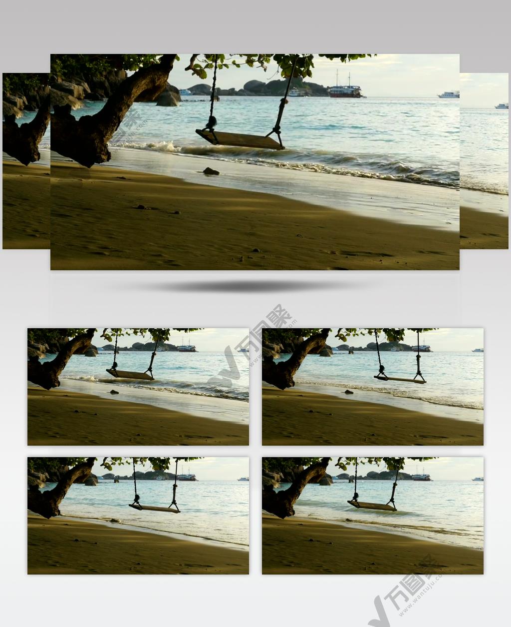 大海海边海滩树边的秋千