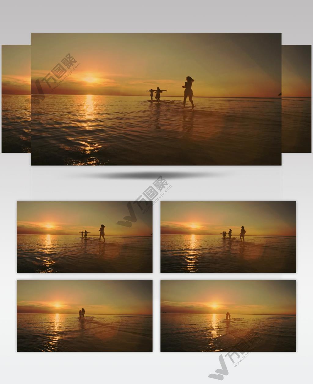 夕阳下几个朋友跑向大海海滩玩耍唯美景色