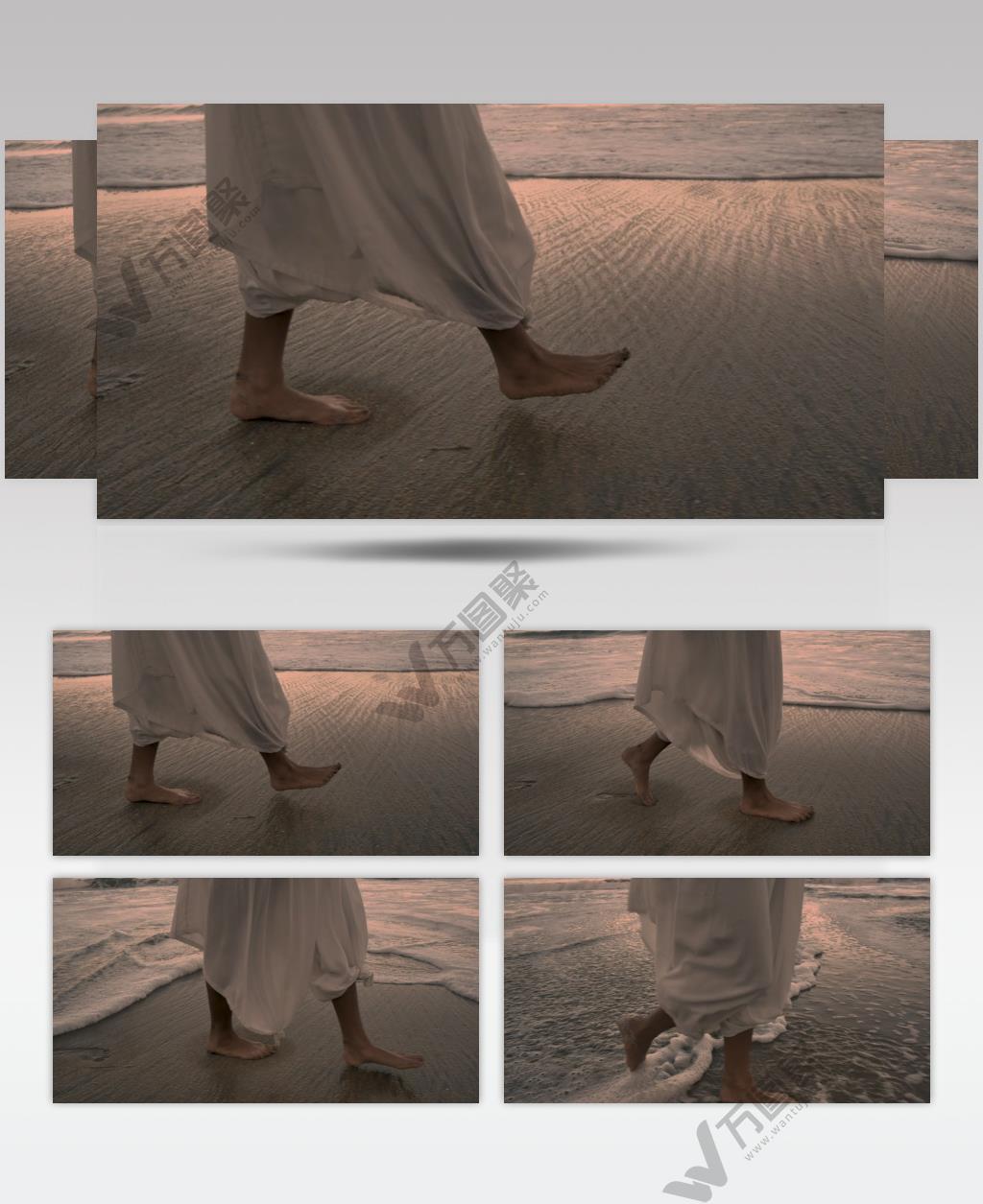 实拍女子光脚走在海滩上